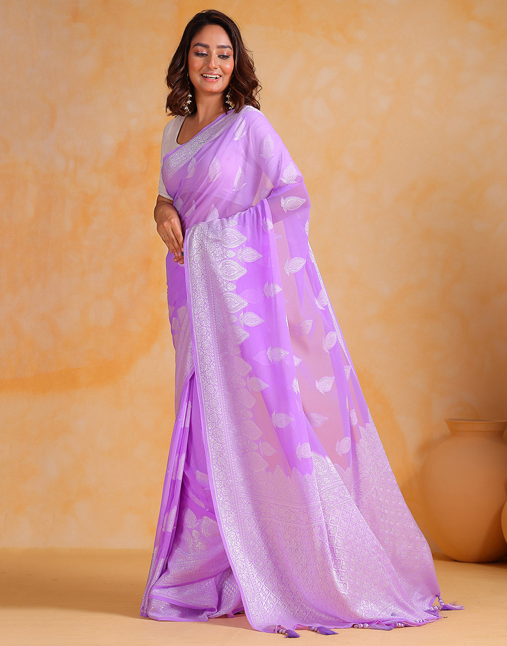 Lavender Georgette Saree With Silver Soft Weaving Work