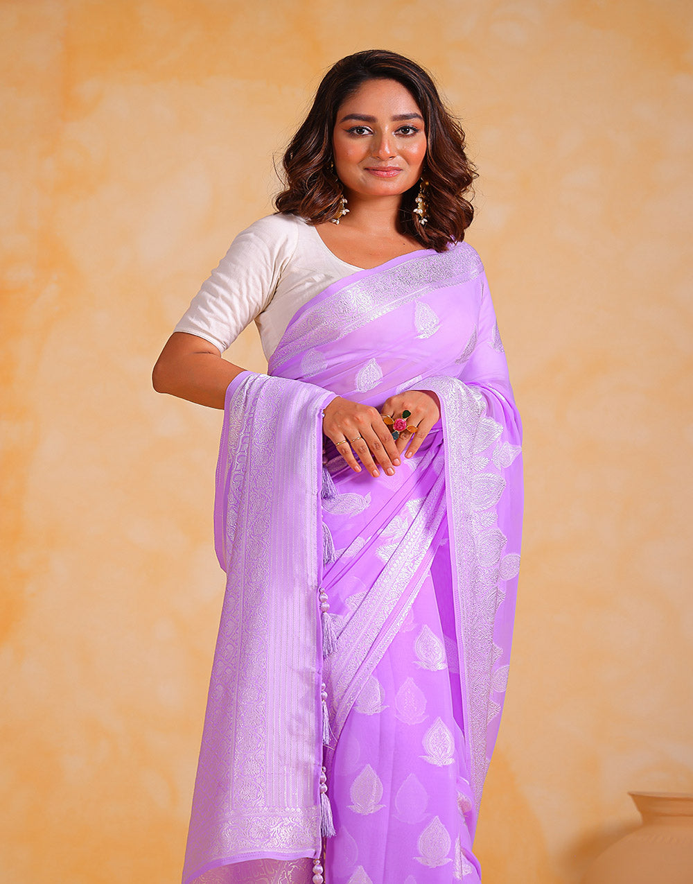 Lavender Georgette Saree With Silver Soft Weaving Work