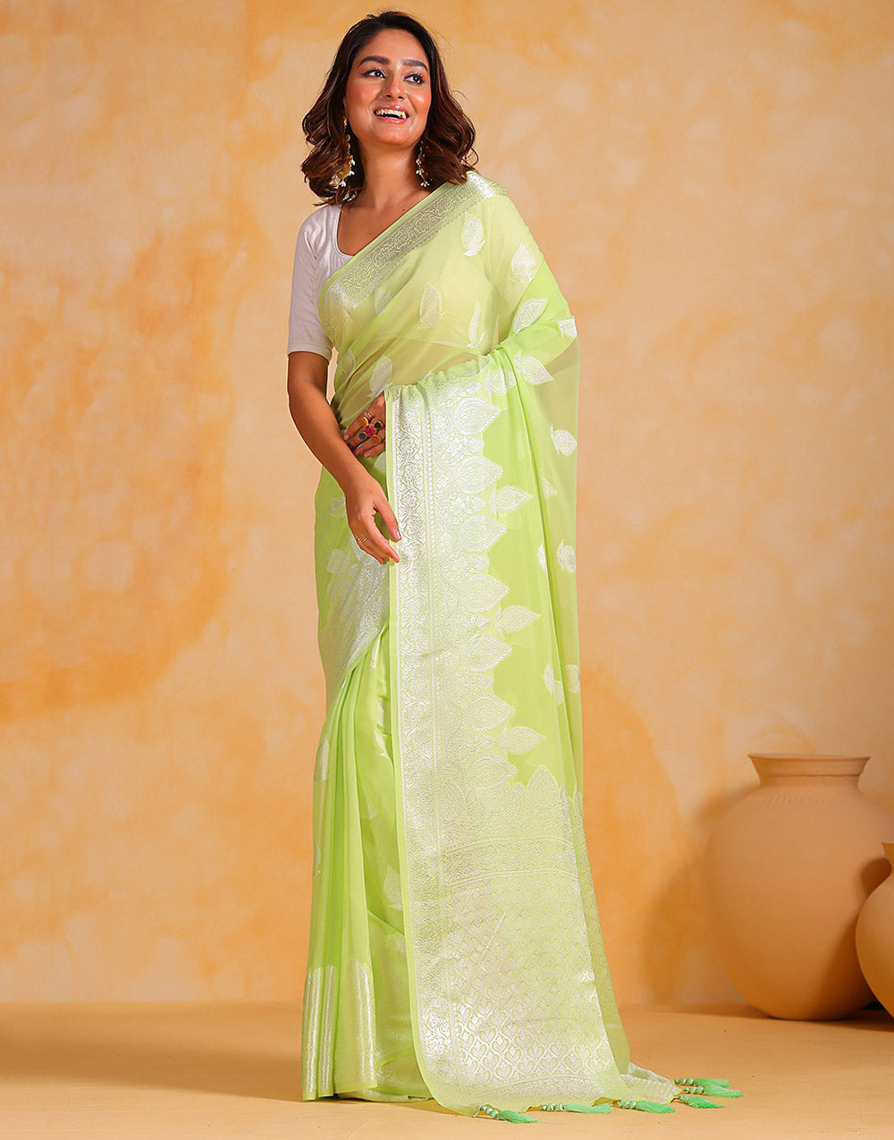 Light Lime Green Georgette Saree With Silver Soft Weaving Work