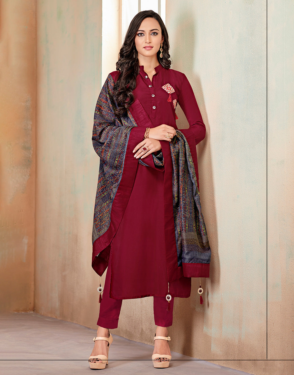 Maroon Heavy Jam Cotton With Designer Jams Work Suit