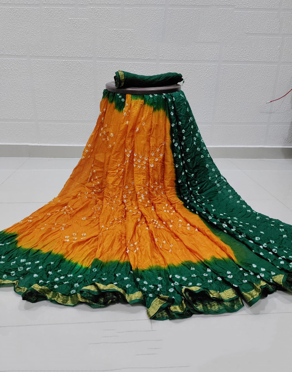 Orange & Green Hand Bandhej Bandhani Saree With Weaving Border