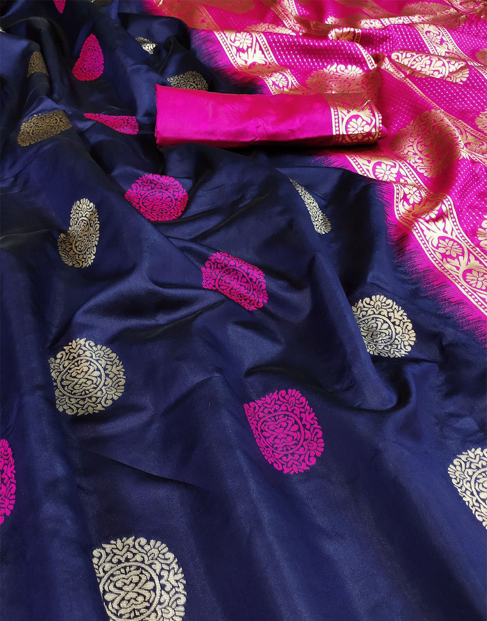 Navy Blue & Pink Lichi Silk Saree With Weaving Work