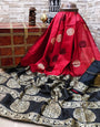 Red & Black Lichi Silk Saree With Weaving Work