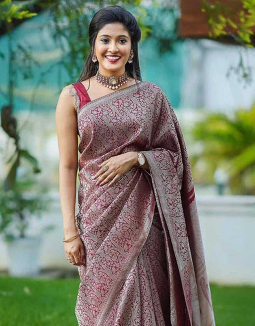 Jam Wine Soft Lichi Silk Saree With Weaving Work