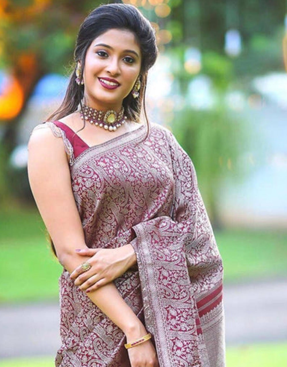 Jam Wine Soft Lichi Silk Saree With Weaving Work