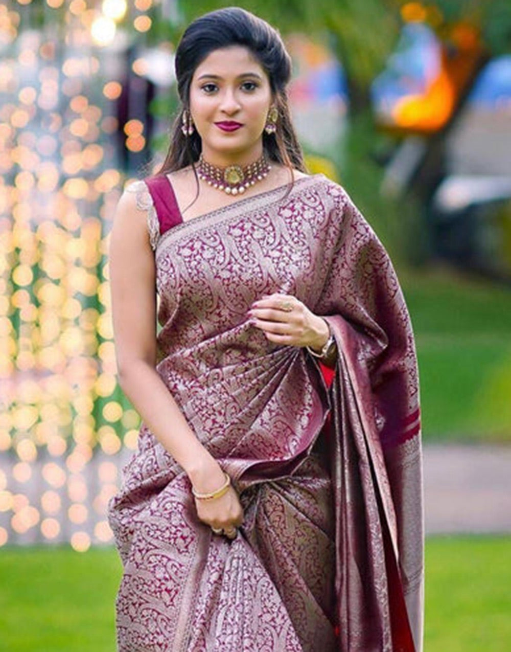 Jam Wine Soft Lichi Silk Saree With Weaving Work