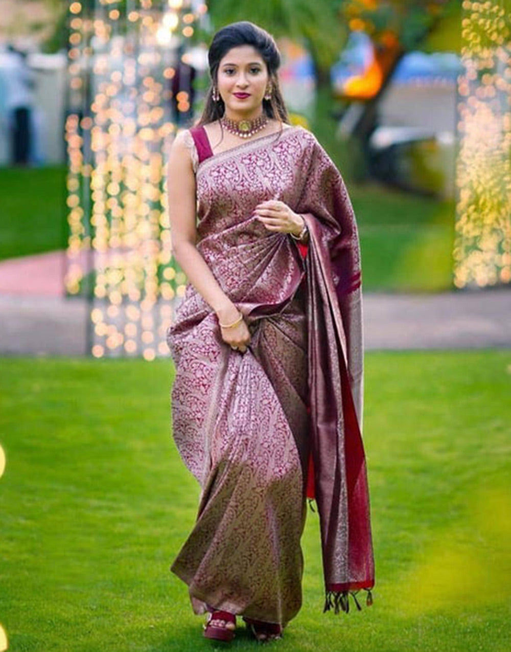 Jam Wine Soft Lichi Silk Saree With Weaving Work