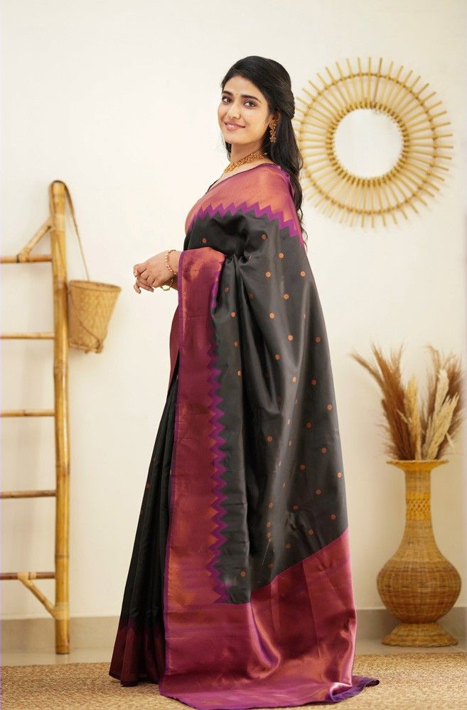 Black Soft Lichi Silk Saree With Weaving Work