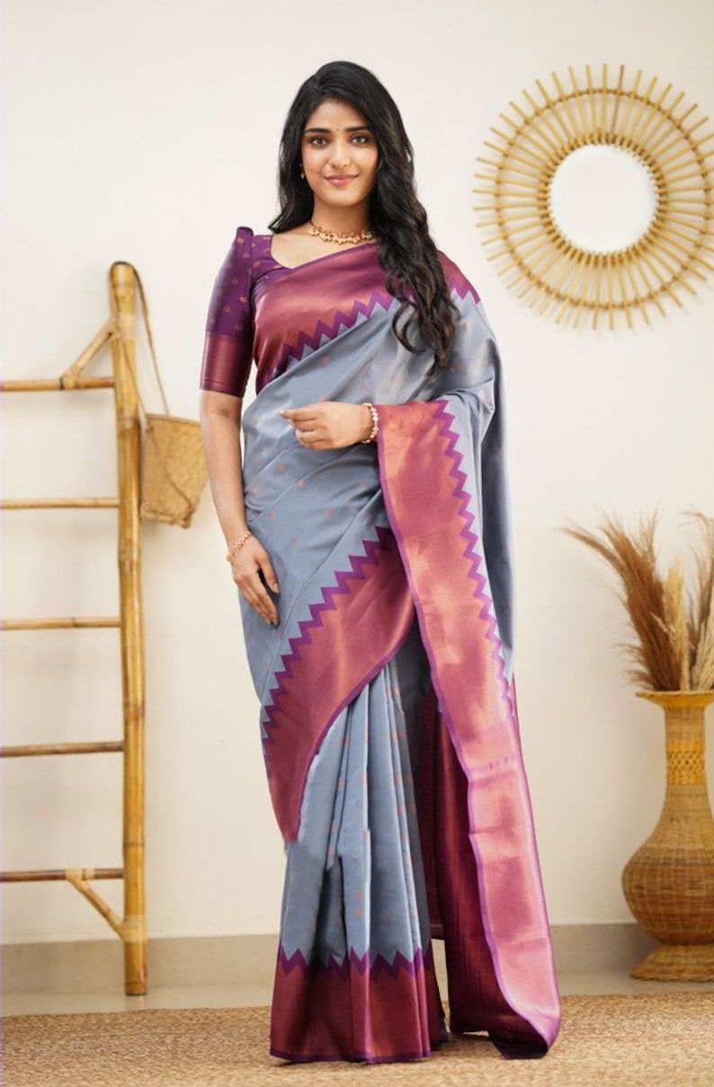 Shadow Blue Soft Lichi Silk Saree With Weaving Work
