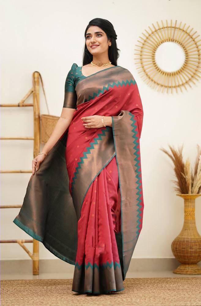 Red Soft Lichi Silk Saree With Weaving Work