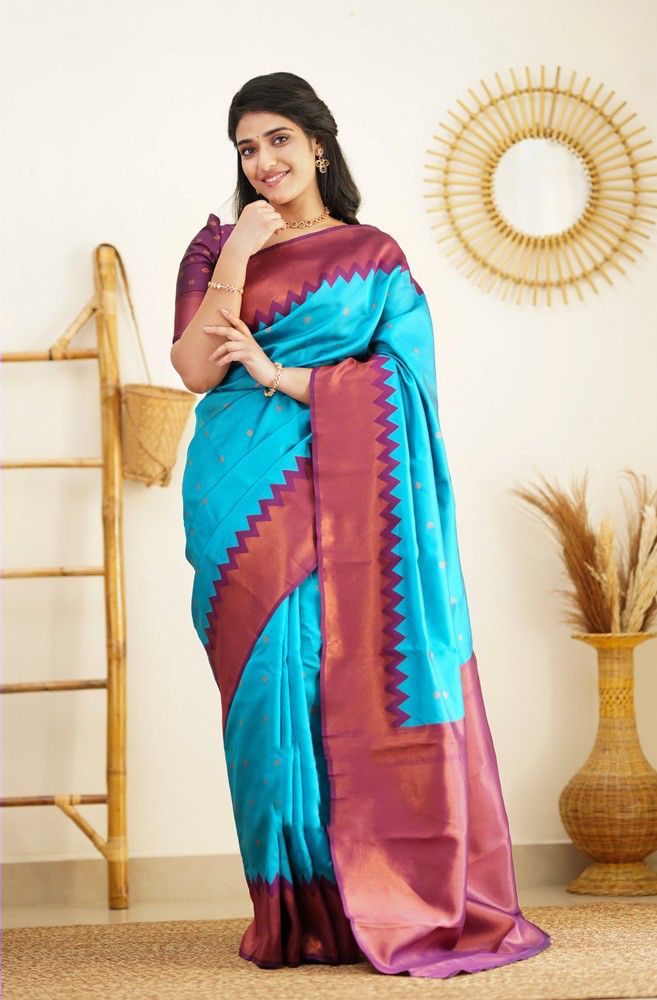 Sky Blue Soft Lichi Silk Saree With Weaving Work