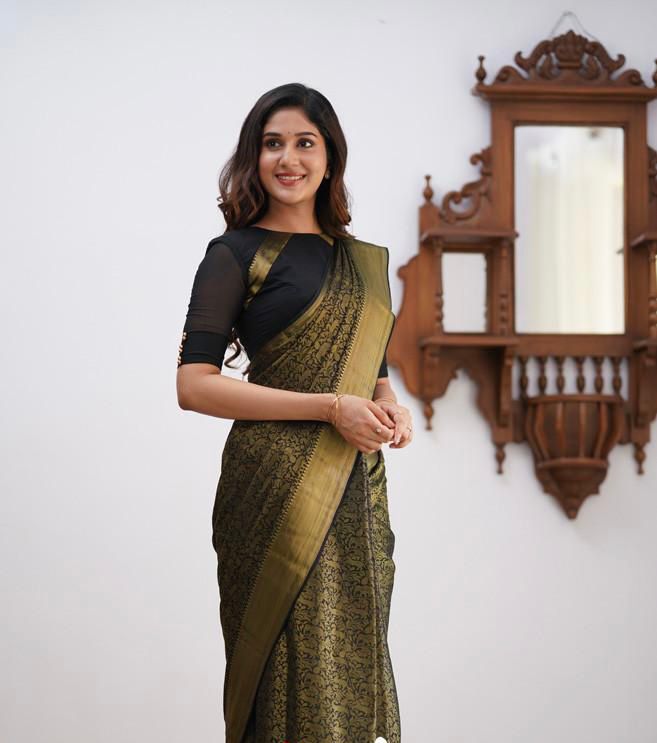 Black Soft Lichi Silk Saree With Weaving Work