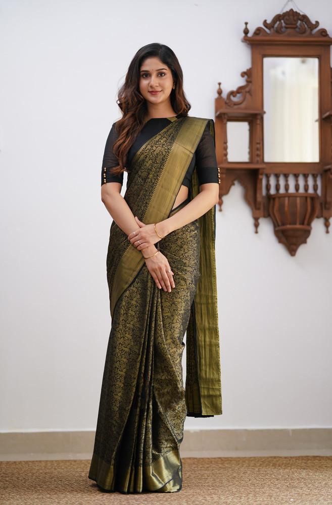 Black Soft Lichi Silk Saree With Weaving Work