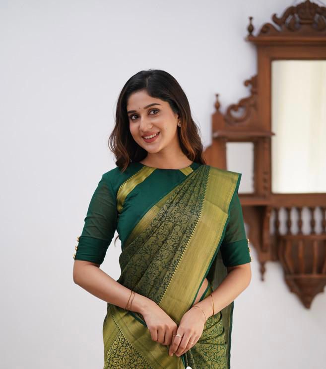 Dark Green Soft Lichi Silk Saree With Weaving Work