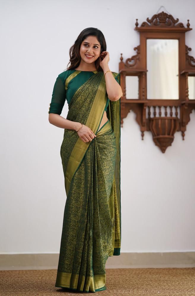 Dark Green Soft Lichi Silk Saree With Weaving Work