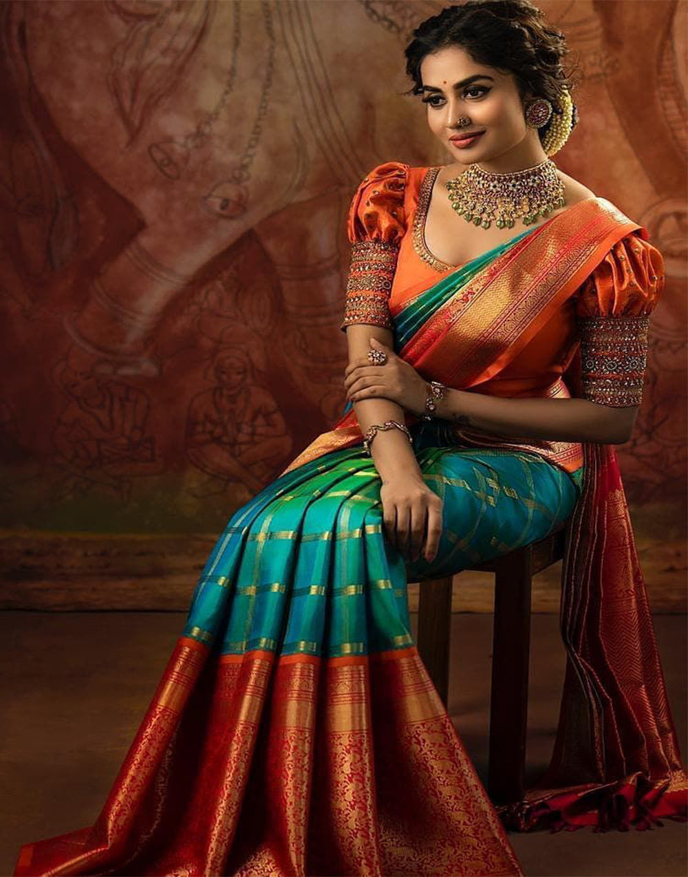 Pine Green & Light Red Soft Lichi Silk Saree With Weaving Work