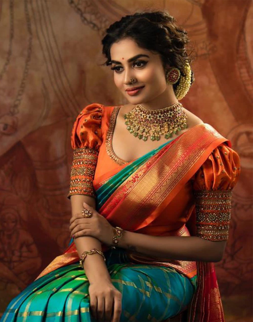 Pine Green & Light Red Soft Lichi Silk Saree With Weaving Work