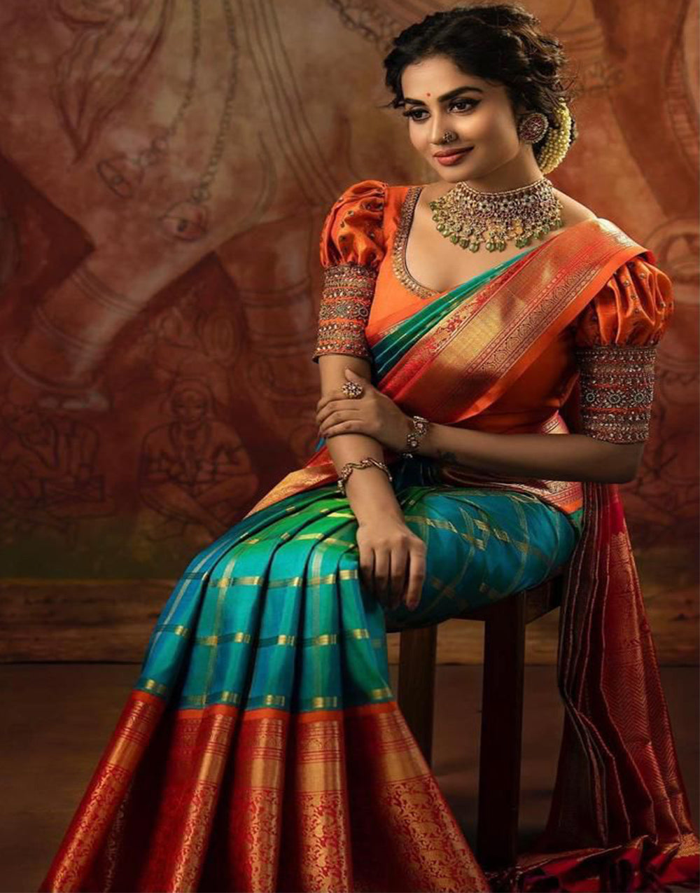 Pine Green & Light Red Soft Lichi Silk Saree With Weaving Work