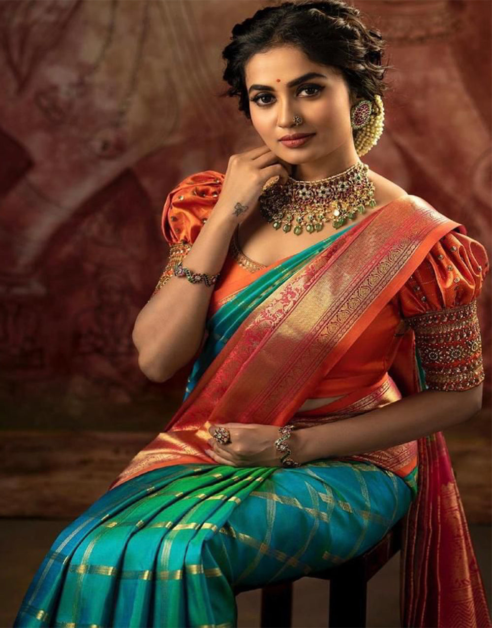 Pine Green & Light Red Soft Lichi Silk Saree With Weaving Work