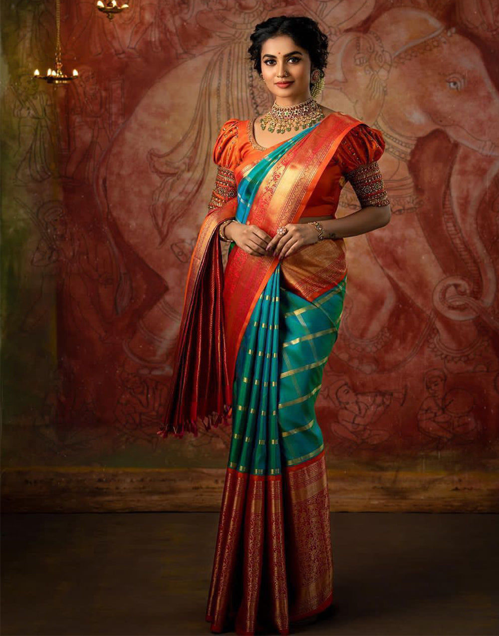 Pine Green & Light Red Soft Lichi Silk Saree With Weaving Work