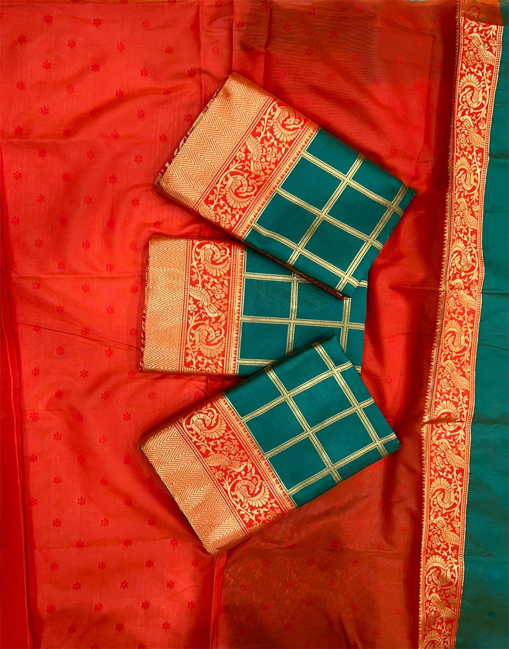 Pine Green & Light Red Soft Lichi Silk Saree With Weaving Work