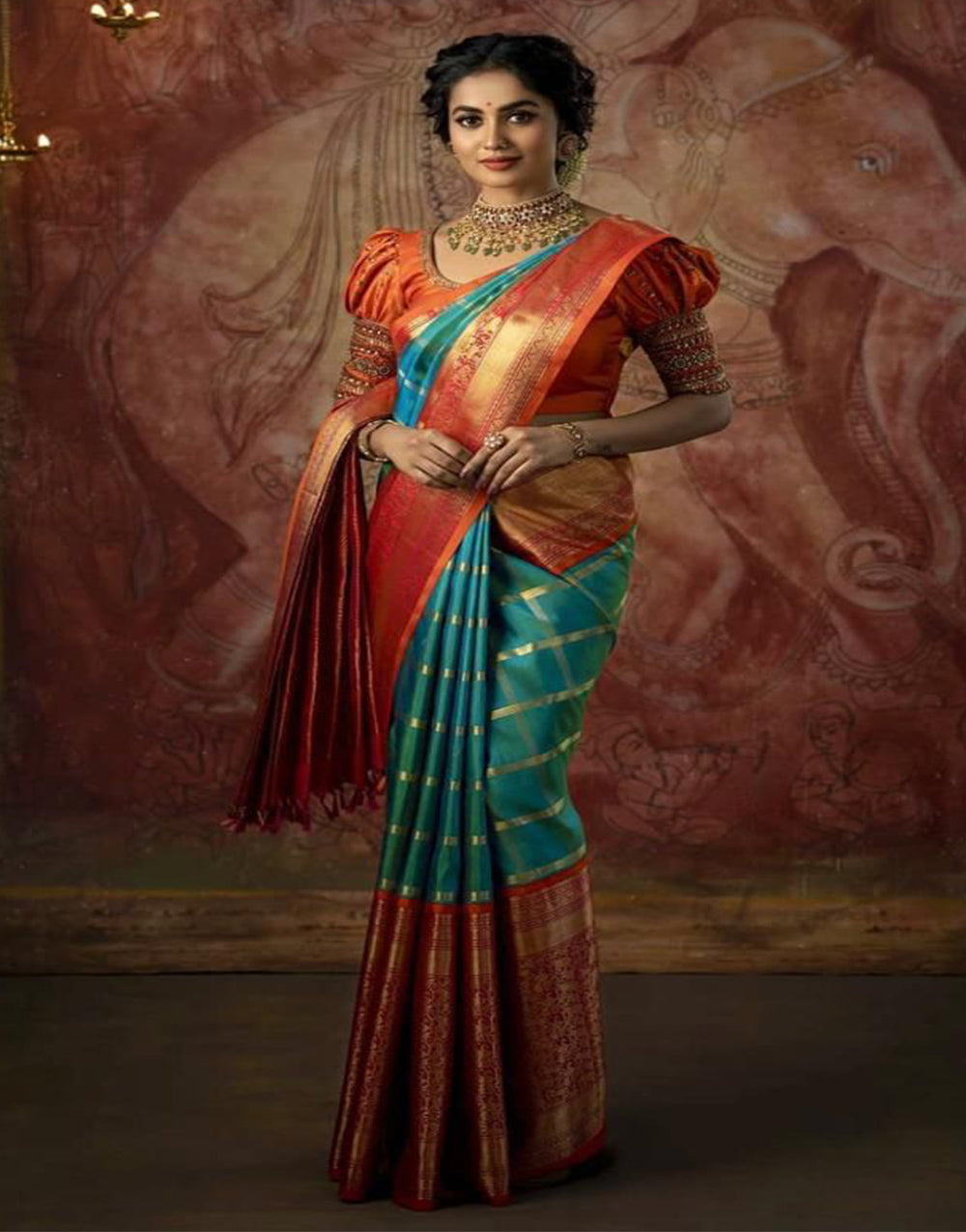 Pine Green & Light Red Soft Lichi Silk Saree With Weaving Work