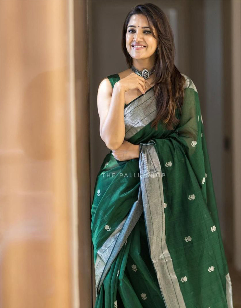 Dark Green Soft Lichi Silk Saree With Weaving Work