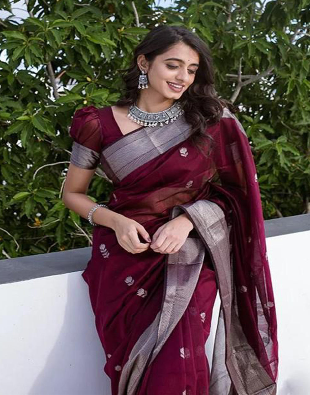 Wine Soft Lichi Silk Saree With Weaving Work
