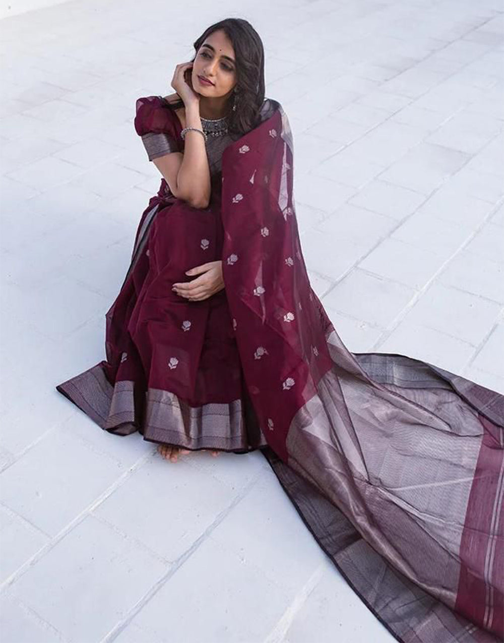 Wine Soft Lichi Silk Saree With Weaving Work