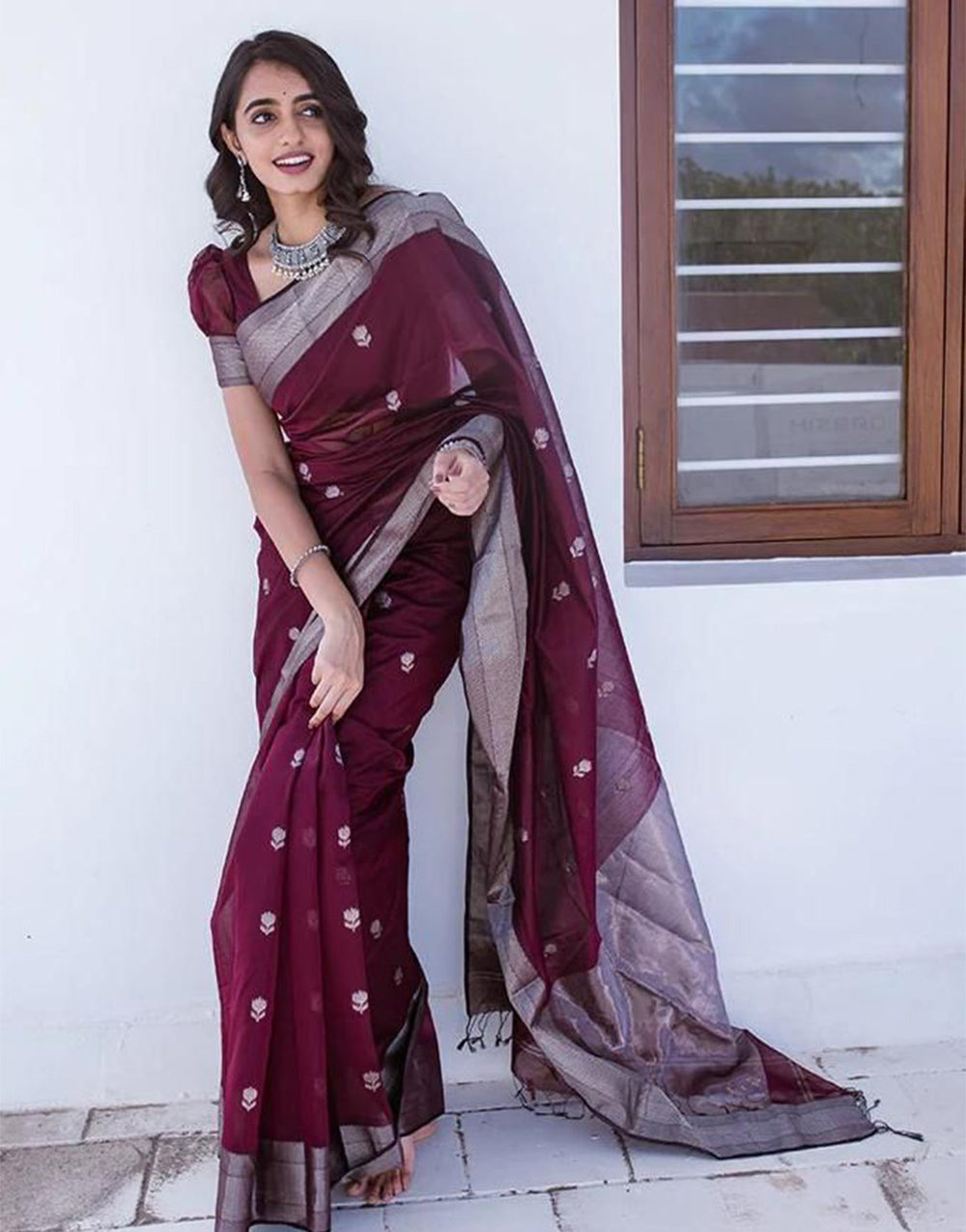 Wine Soft Lichi Silk Saree With Weaving Work