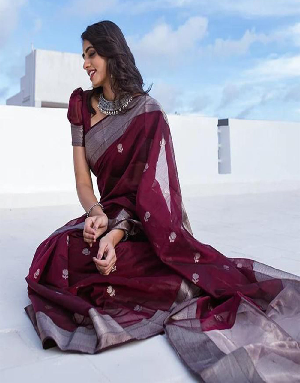 Wine Soft Lichi Silk Saree With Weaving Work