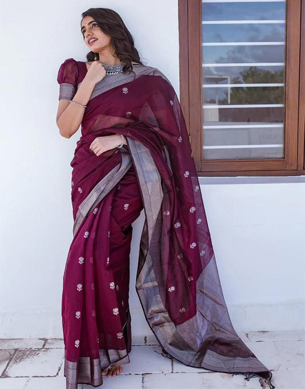 Wine Soft Lichi Silk Saree With Weaving Work