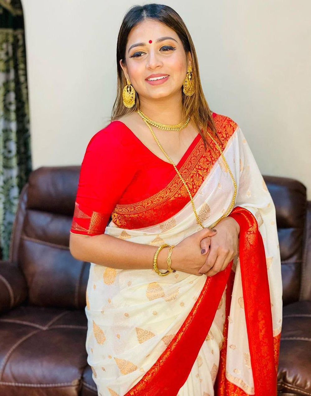 Off White & Candy Red Soft Banarasi Silk Saree With Zari Weaving Work