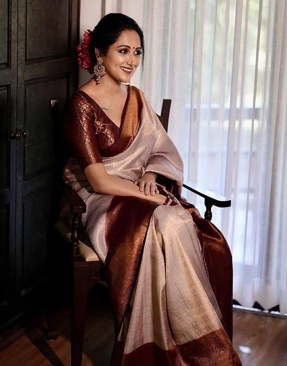Brown Soft Lichi Silk With Zari Weaving Work