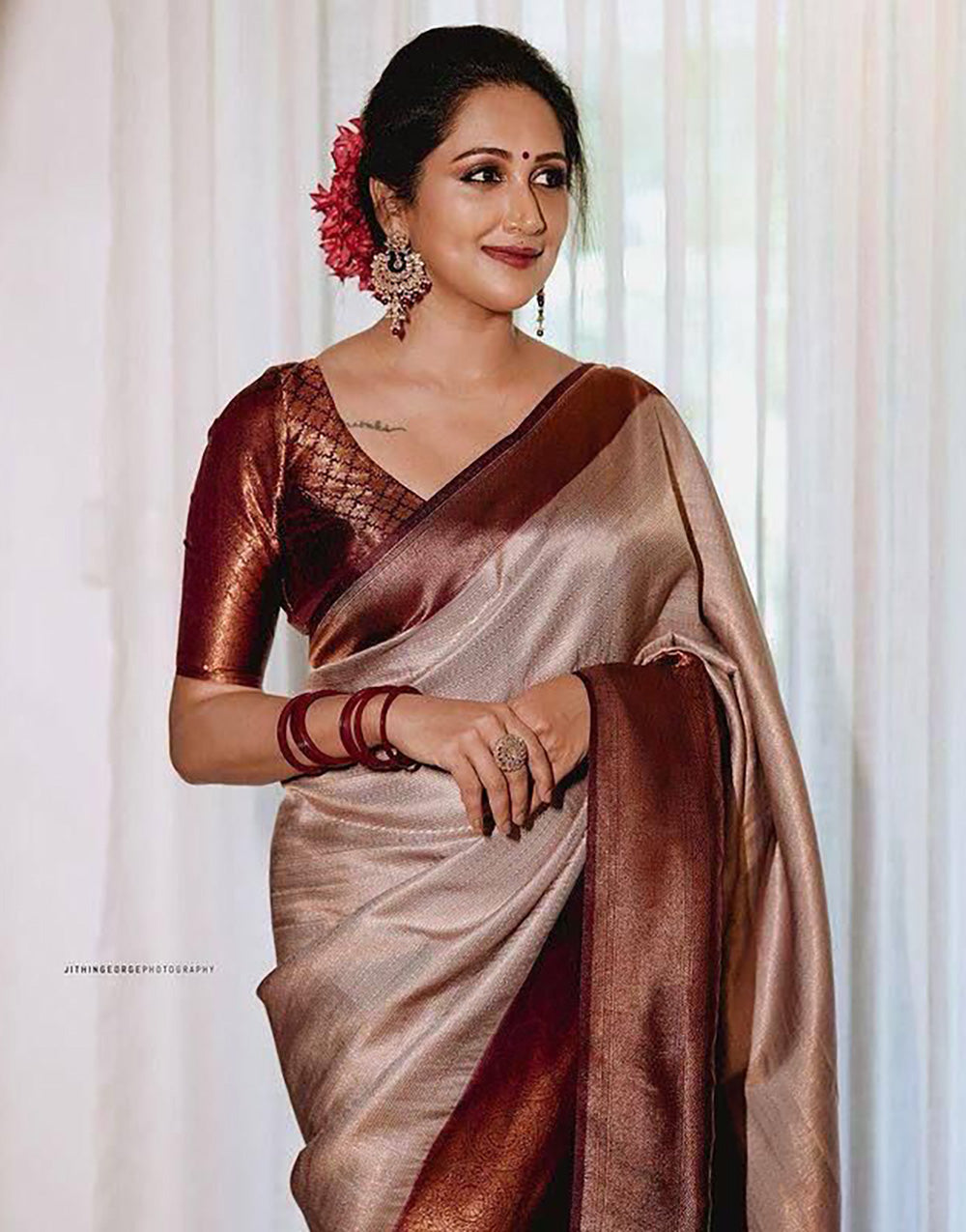 Brown Soft Lichi Silk With Zari Weaving Work