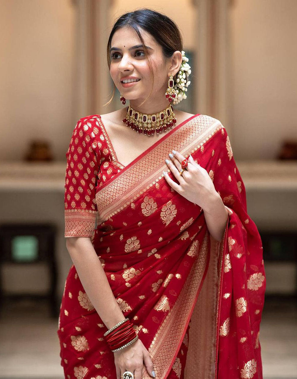 Red Banarasi Silk Saree With Zari Weaving Work