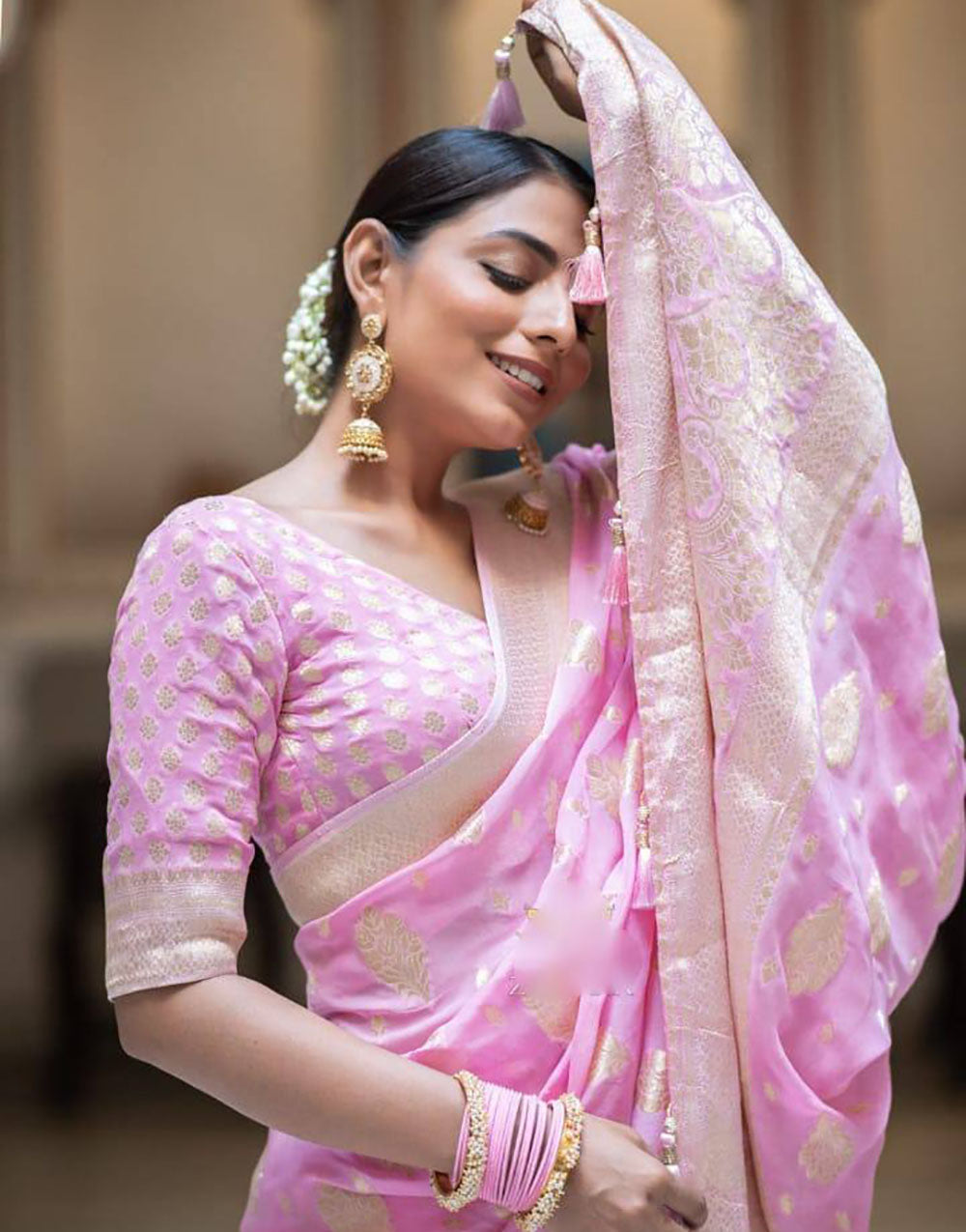 Baby Pink Banarasi Silk Saree With Zari Weaving Work
