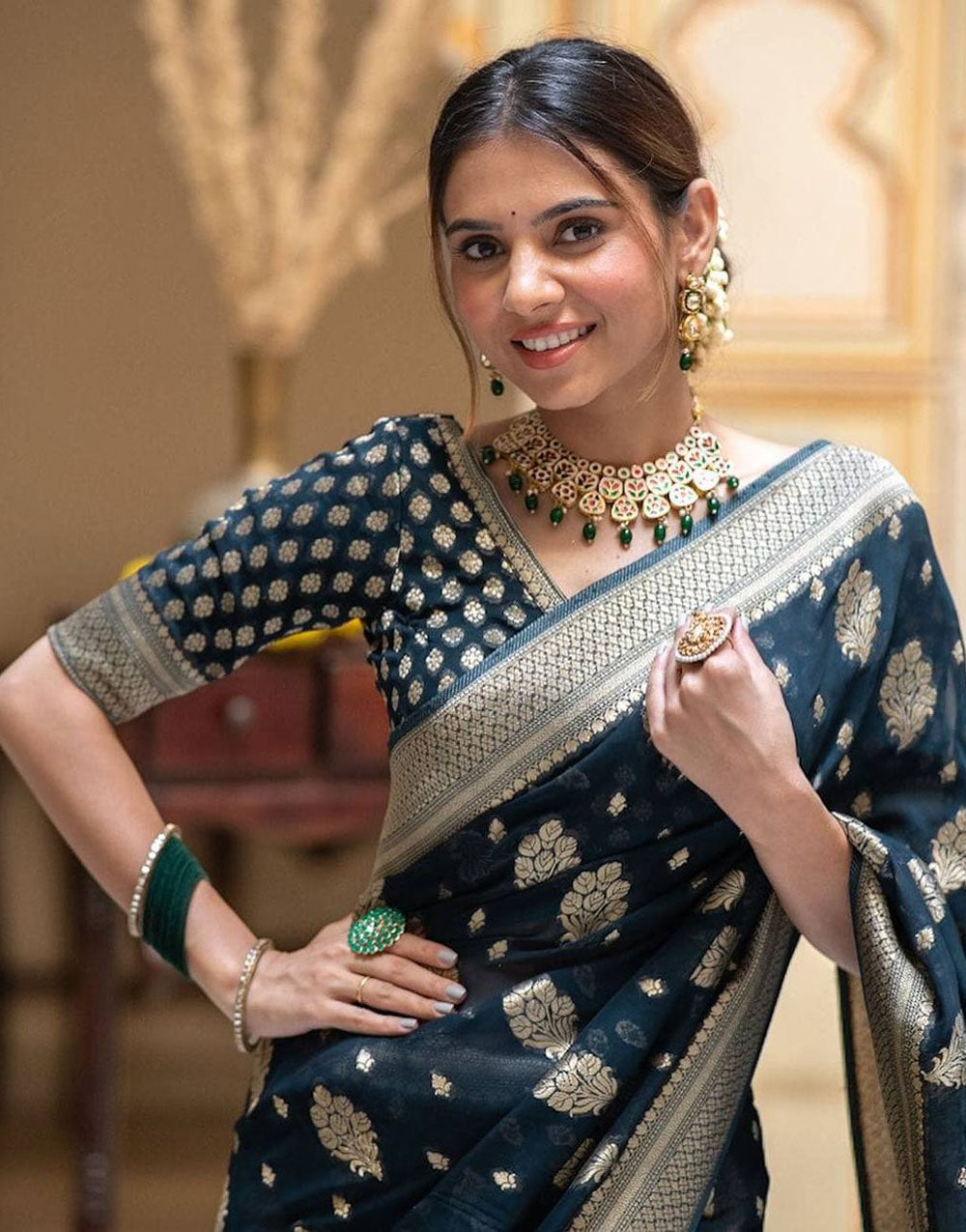 Prussian Blue Banarasi Silk Saree With Zari Weaving Work