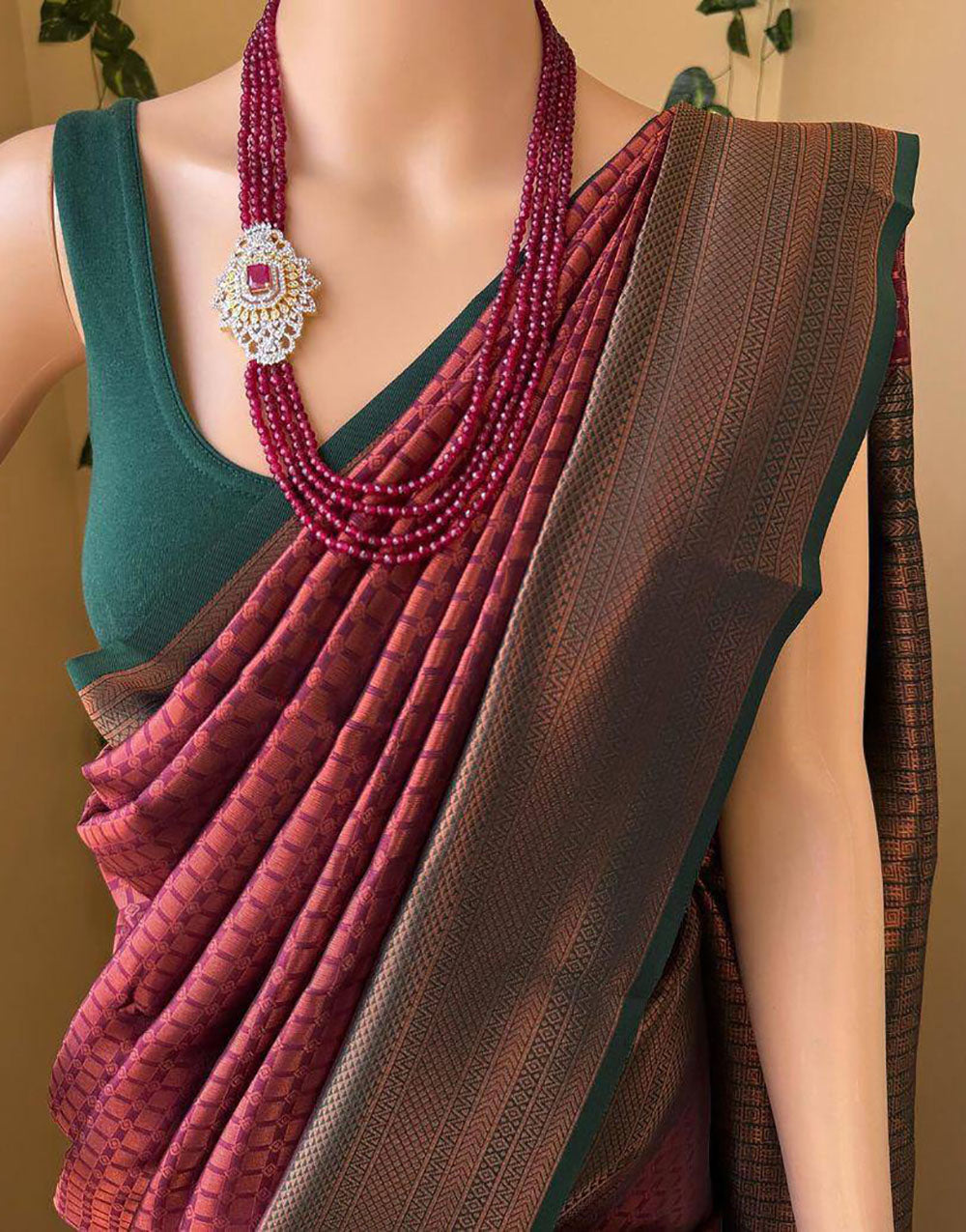 Maroon & Green Soft Lichi Silk Saree With Zari Weaving Work