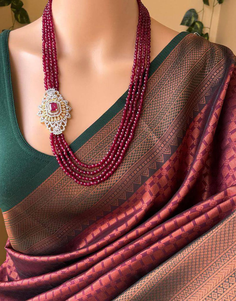 Maroon & Green Soft Lichi Silk Saree With Zari Weaving Work
