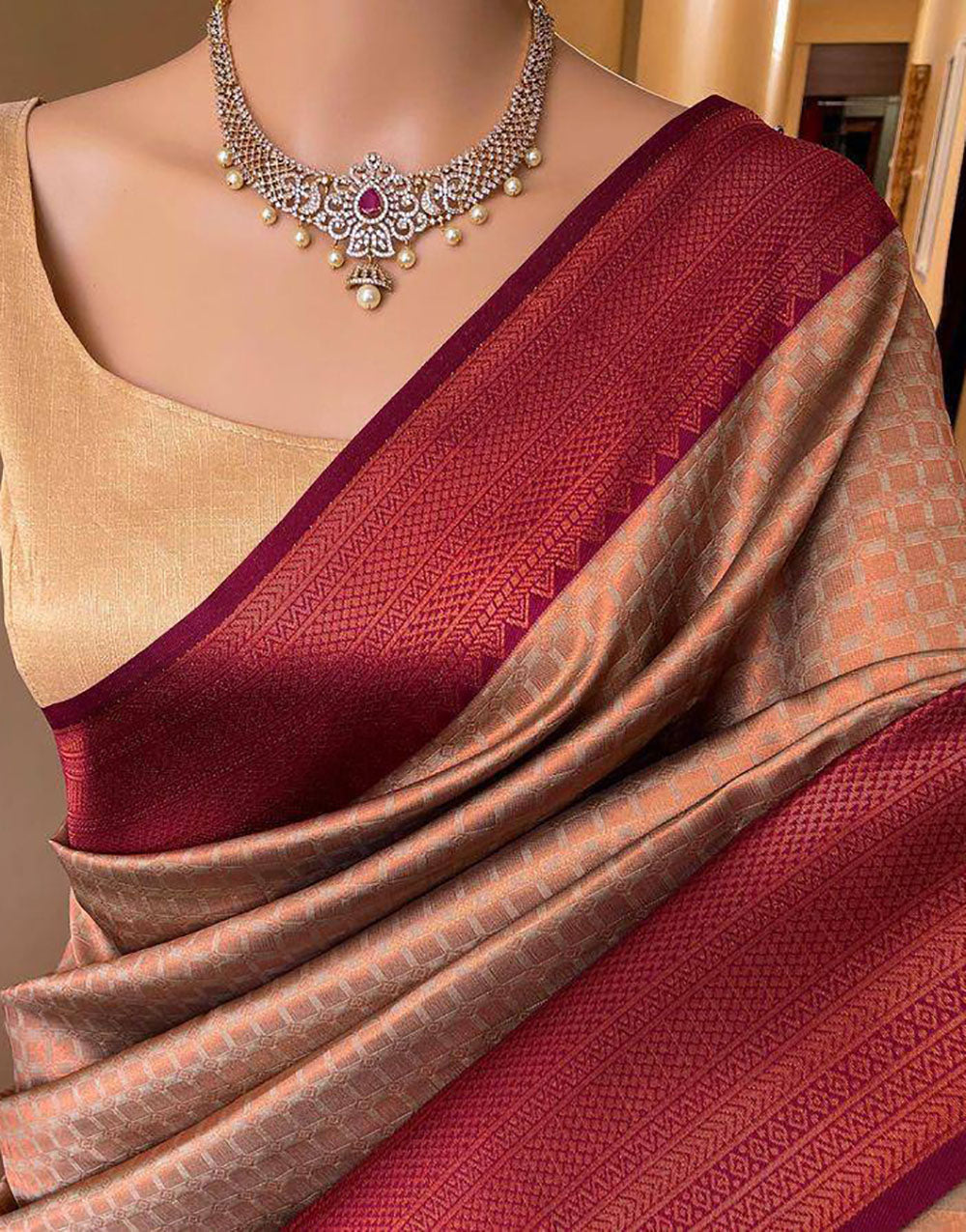 French Beige Soft Lichi Silk Saree With Zari Weaving Work
