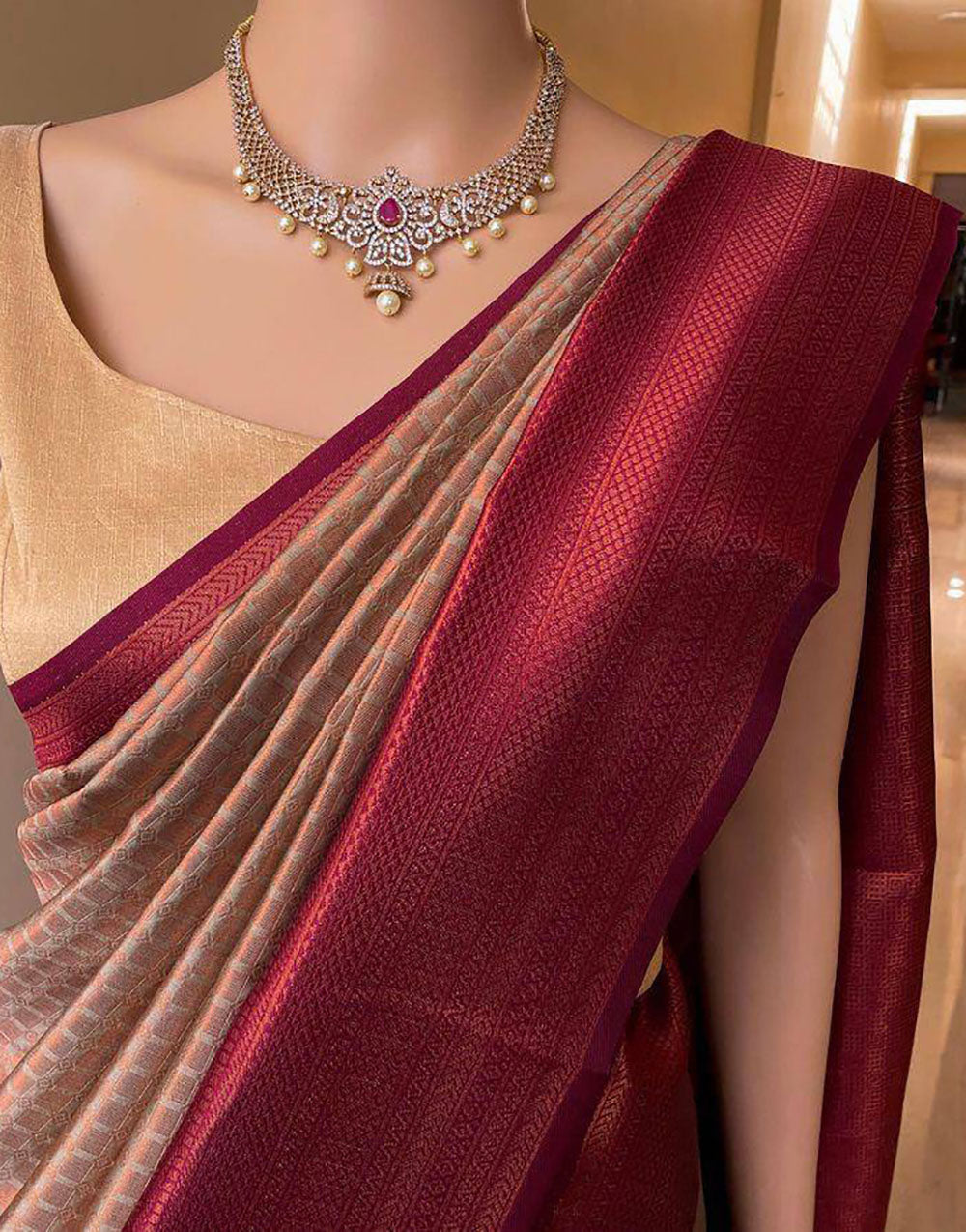 French Beige Soft Lichi Silk Saree With Zari Weaving Work