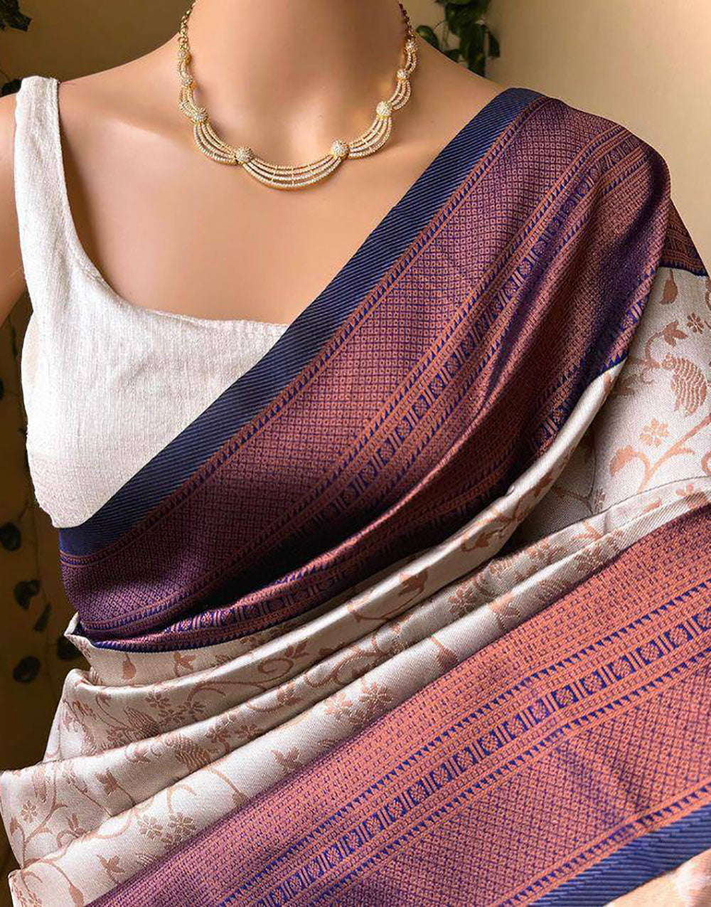 Ivory Cream & Wine Soft Lichi Silk Saree With Zari Weaving Work