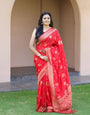 Fire Engine Red Rich Pallu Soft Lichi Silk Saree With Zari Weaving Work