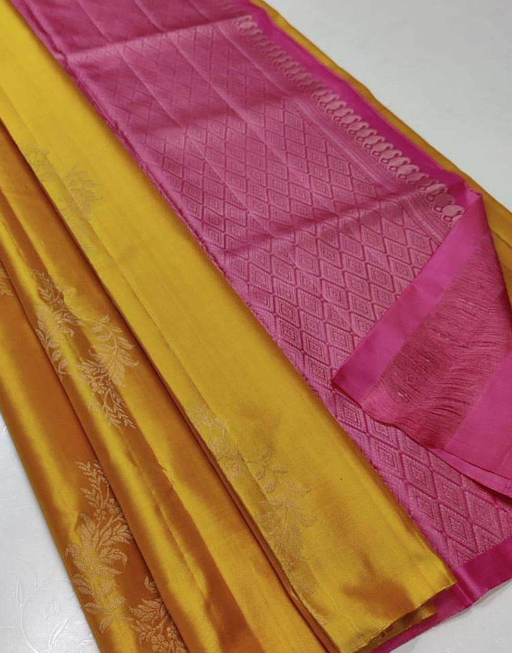 Mustard Yellow & Pink Soft Silk Saree With Zari Weaving Work