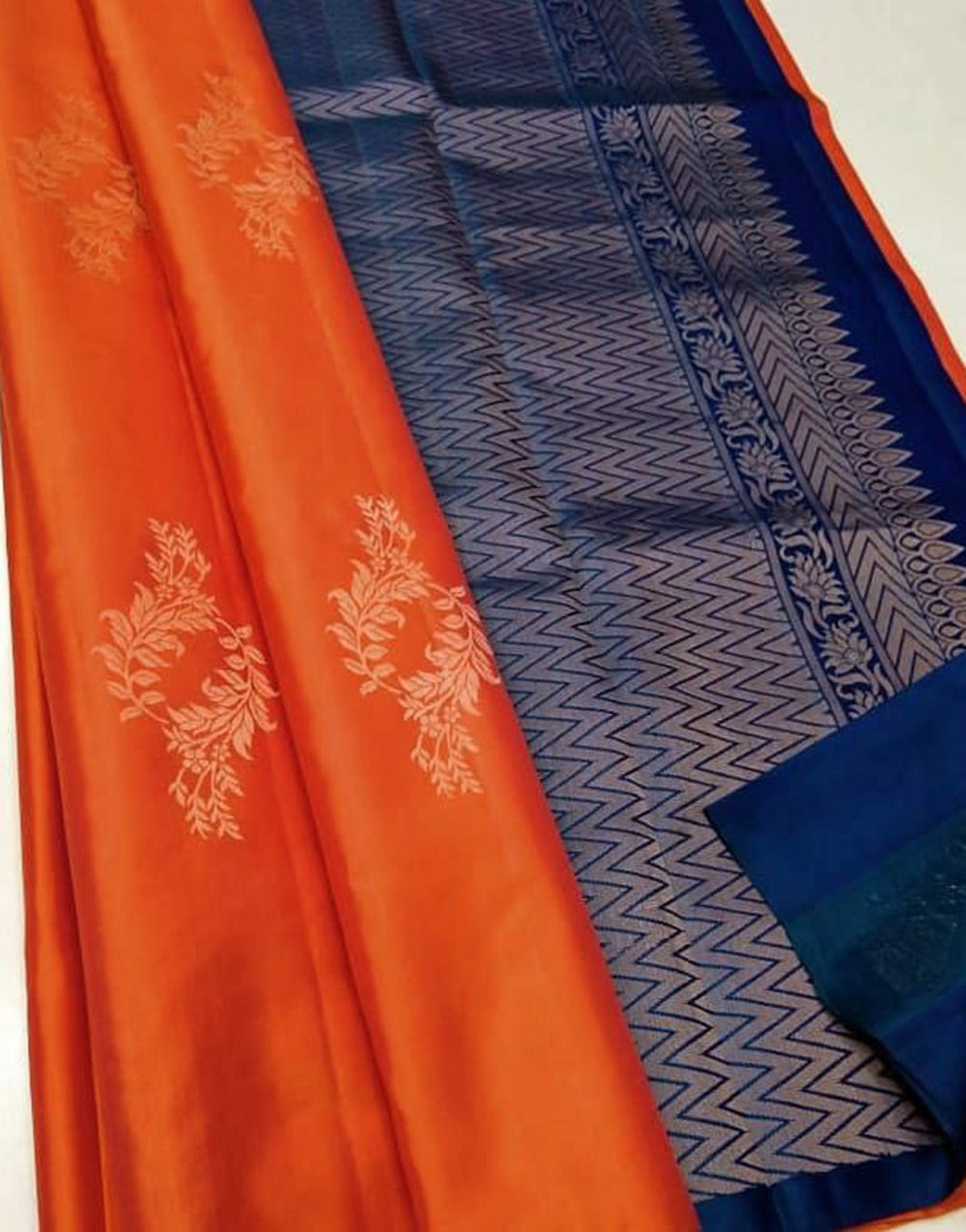 Orange & Blue Soft Silk Saree With Zari Weaving Work