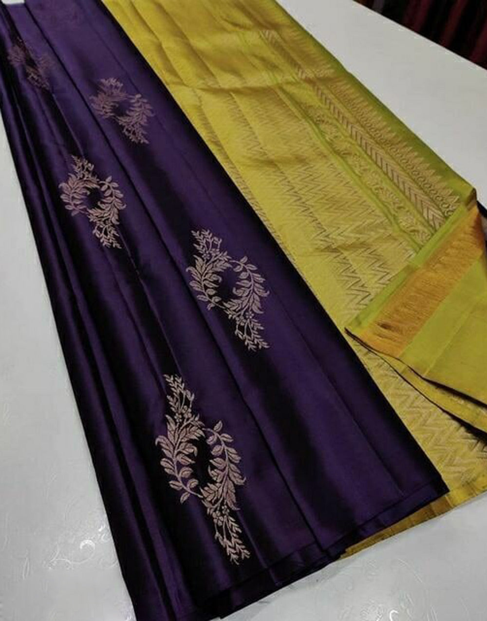 Wine & Lime Green Soft Silk Saree With Zari Weaving Work