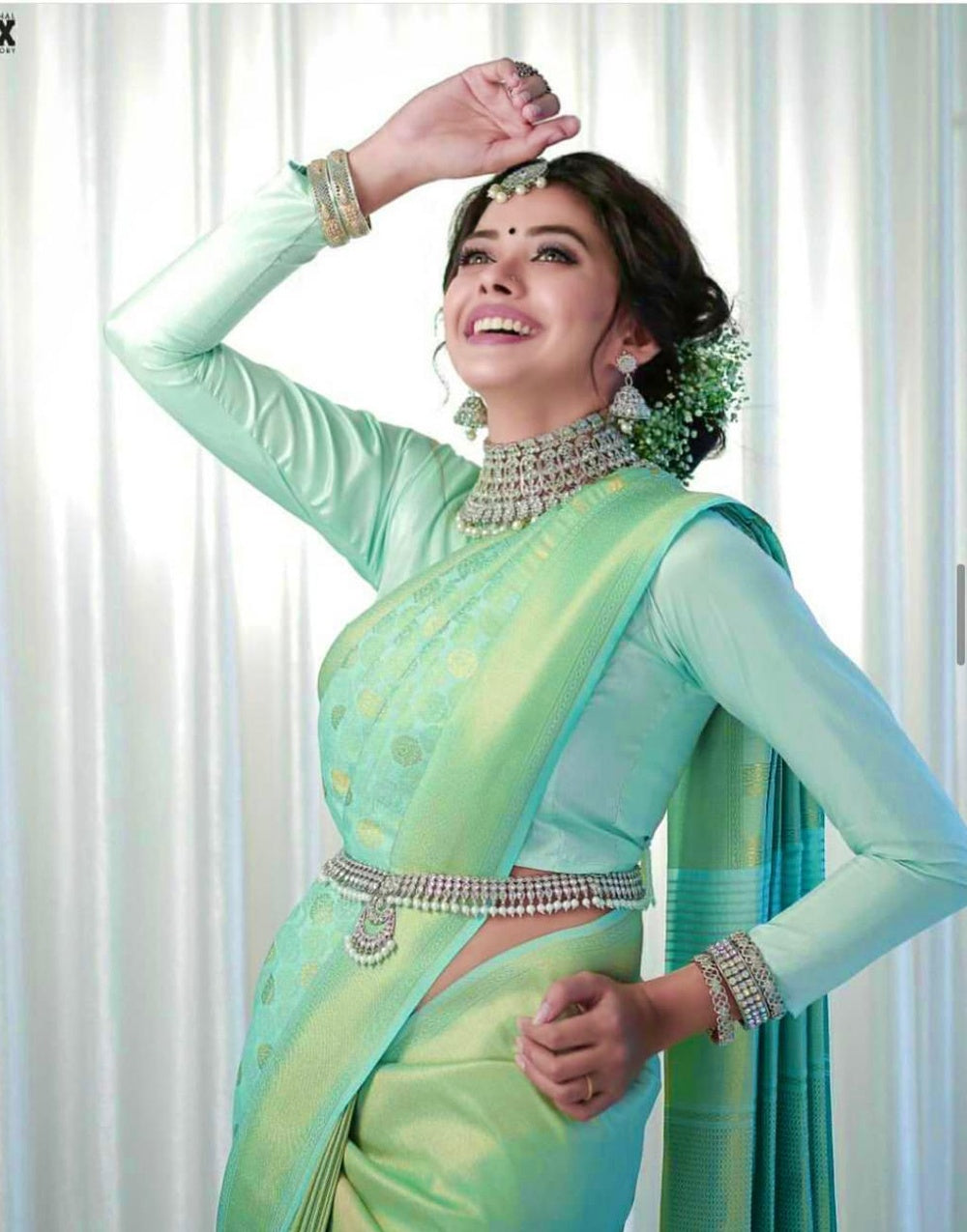 Sea Green Soft Lichi Silk Saree With Weaving Work