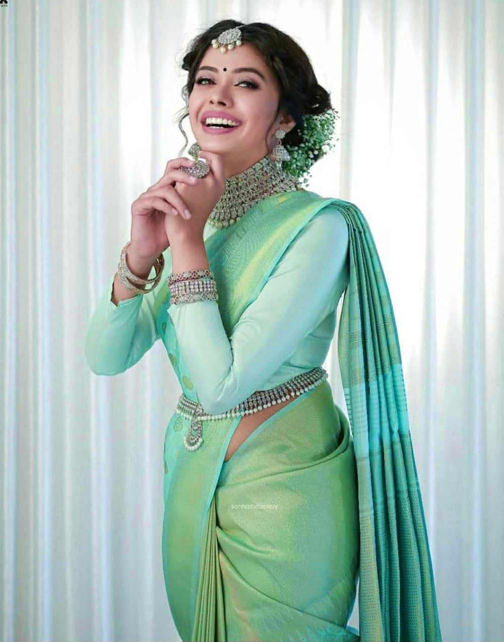 Sea Green Soft Lichi Silk Saree With Weaving Work