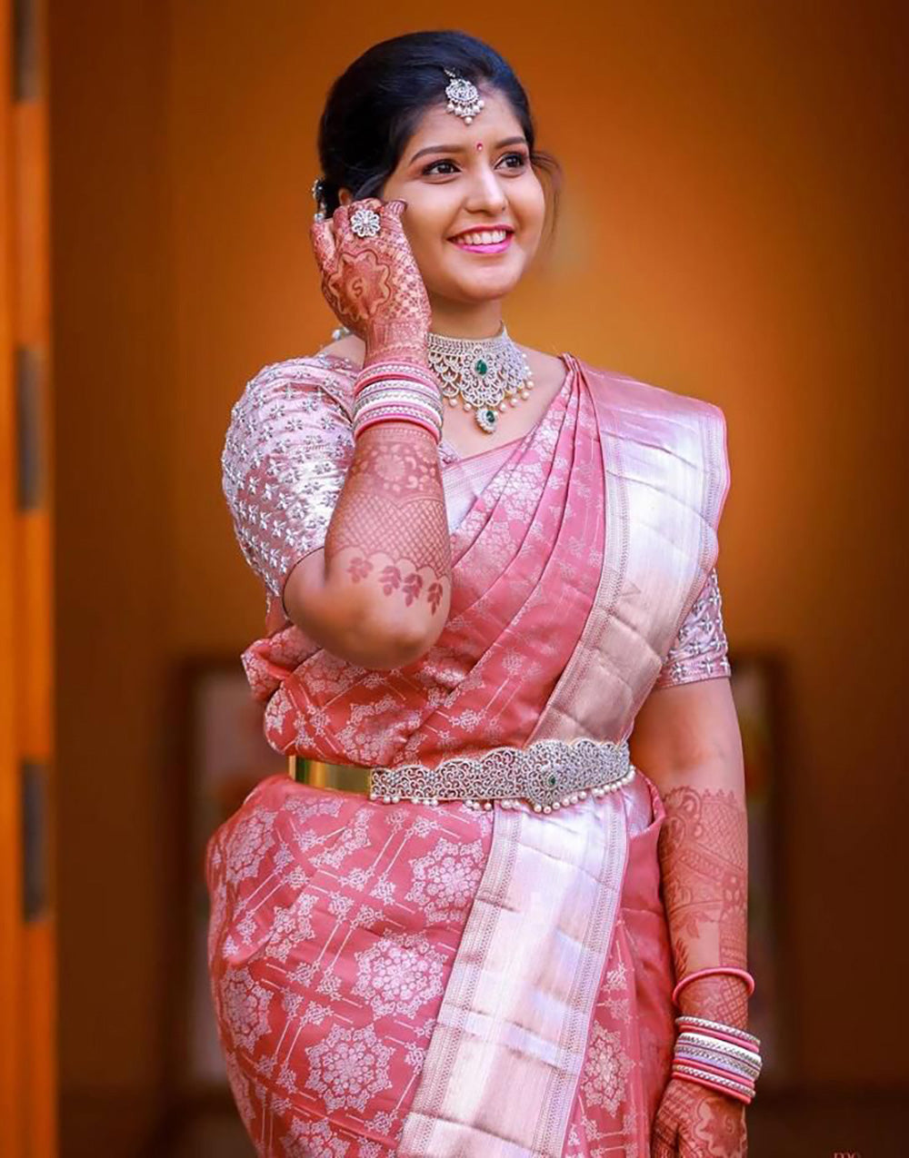 Peach Soft Lichi Silk With Zari Weaving Work